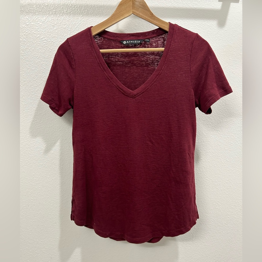 Athleta Maroon Burgundy Short Sleeve V Neck T Shirt Modal Size XS